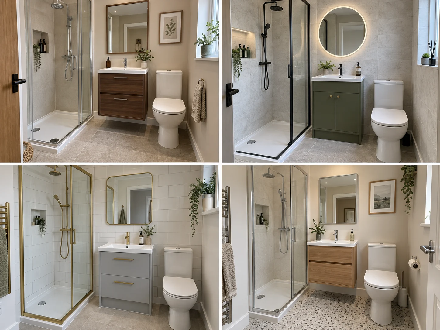 Compact shower room with soft beige walls, walnut vanity, chrome fittings