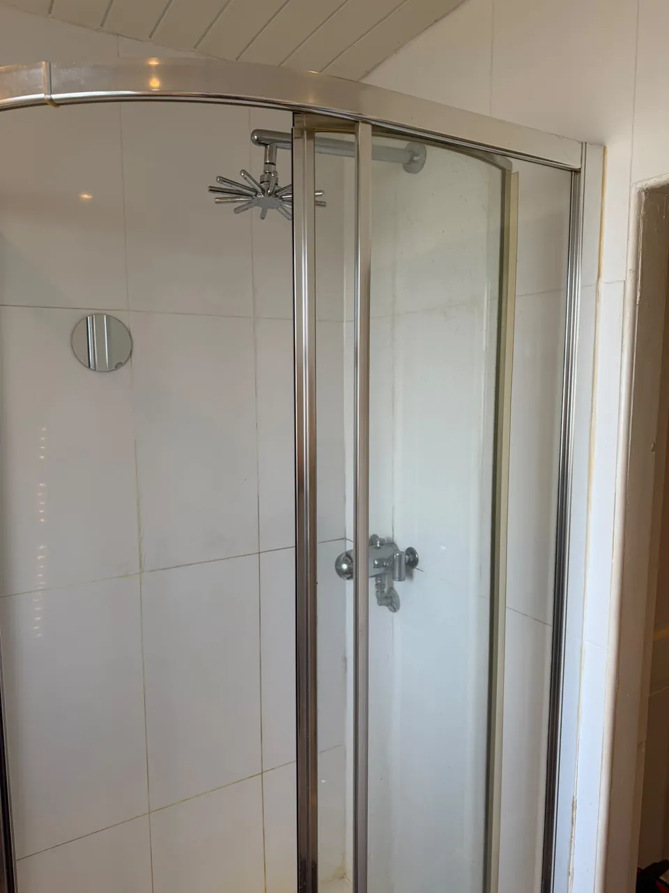 Chrome-framed shower door and pale wall panels